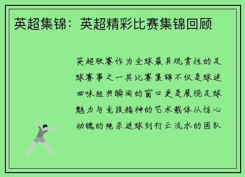 英超集锦：英超精彩比赛集锦回顾