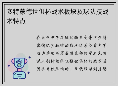 多特蒙德世俱杯战术板块及球队技战术特点