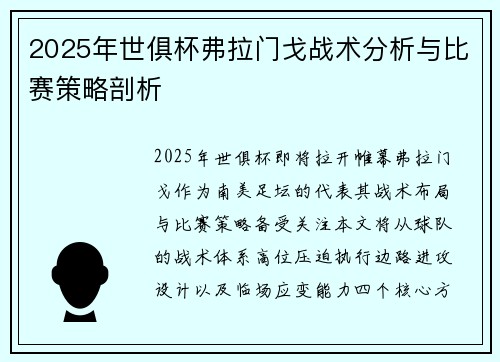 2025年世俱杯弗拉门戈战术分析与比赛策略剖析